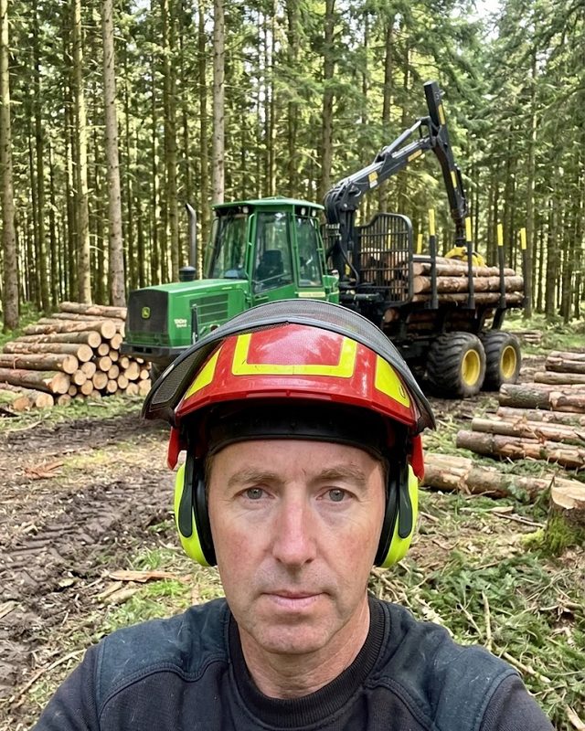 Patrice Marmonnier en tenue de bûcheron, devant son porteur forestier